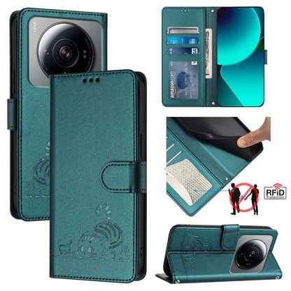 Xiaomi 12s Ultra Leather Phone Case with Cat and Rat Embossed Pattern, RFID Protection, Card Holder Slots, Anti-fall Feature & Lanyard