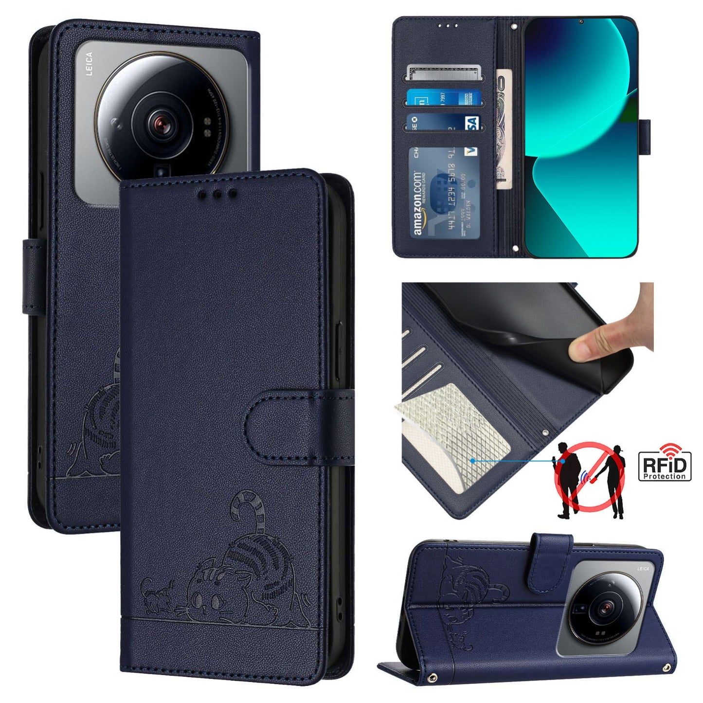 Xiaomi 12s Ultra Leather Phone Case with Cat and Rat Embossed Pattern, RFID Protection, Card Holder Slots, Anti-fall Feature & Lanyard