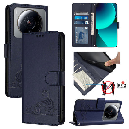 Xiaomi 12s Ultra Leather Phone Case with Cat and Rat Embossed Pattern, RFID Protection, Card Holder Slots, Anti-fall Feature & Lanyard