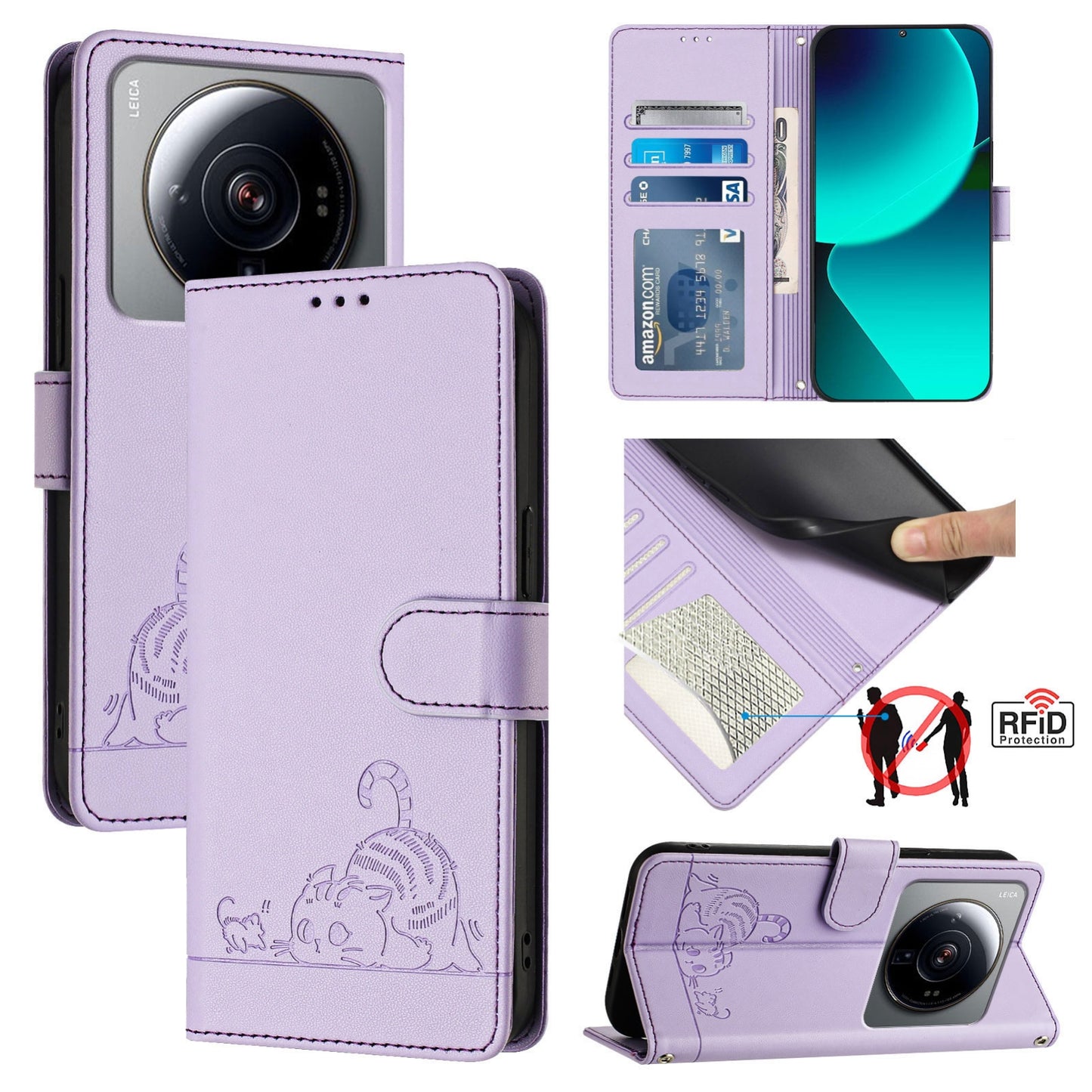 Xiaomi 12s Ultra Leather Phone Case with Cat and Rat Embossed Pattern, RFID Protection, Card Holder Slots, Anti-fall Feature & Lanyard