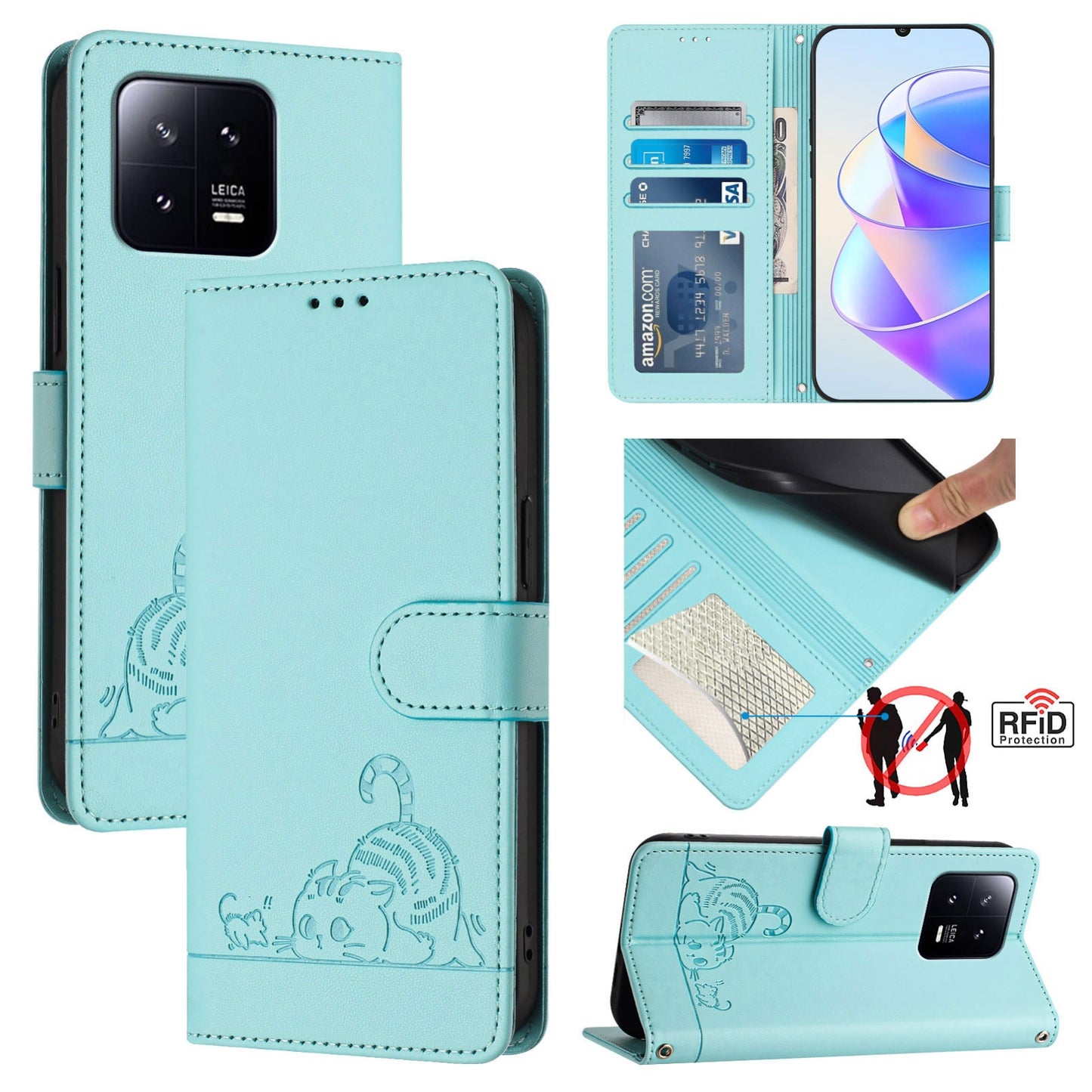 Xiaomi 13 5G Leather Phone Case with Cat and Rat Embossed Pattern, RFID Protection, Card Holder Slots, Anti-fall Feature & Lanyard