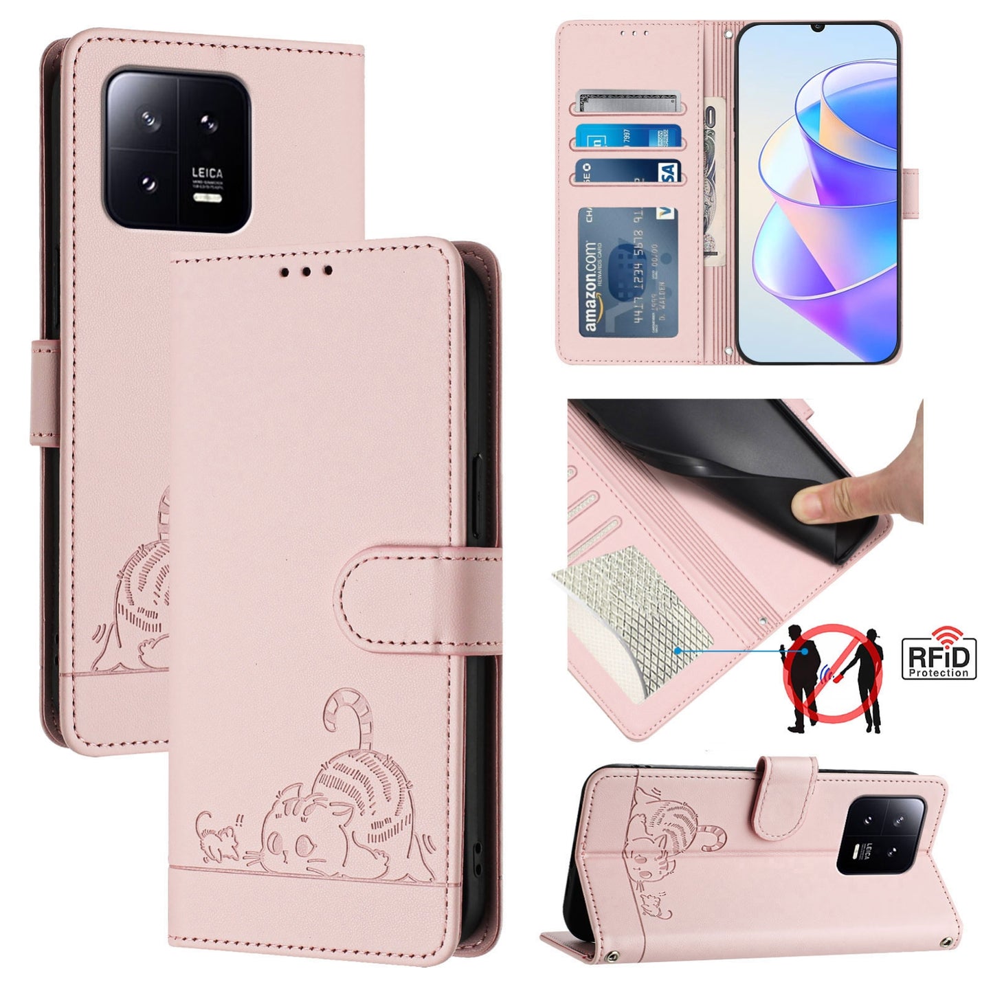 Xiaomi 13 5G Leather Phone Case with Cat and Rat Embossed Pattern, RFID Protection, Card Holder Slots, Anti-fall Feature & Lanyard