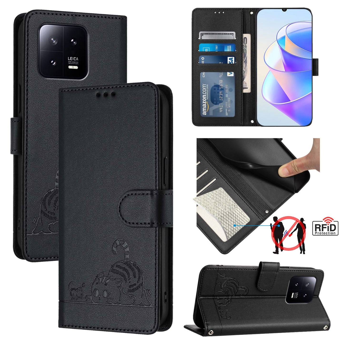 Xiaomi 13 5G Leather Phone Case with Cat and Rat Embossed Pattern, RFID Protection, Card Holder Slots, Anti-fall Feature & Lanyard