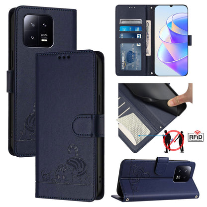 Xiaomi 13 5G Leather Phone Case with Cat and Rat Embossed Pattern, RFID Protection, Card Holder Slots, Anti-fall Feature & Lanyard