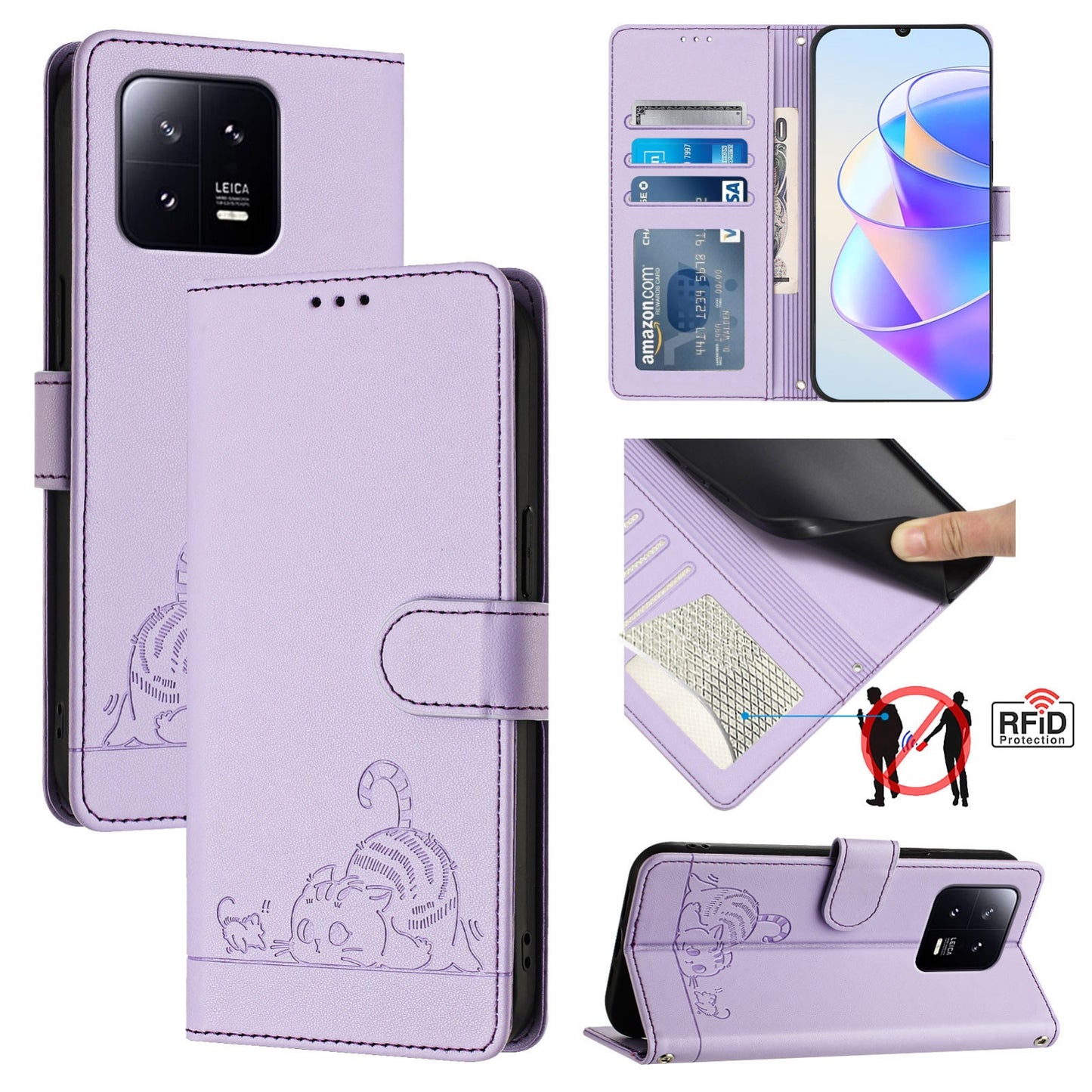 Xiaomi 13 5G Leather Phone Case with Cat and Rat Embossed Pattern, RFID Protection, Card Holder Slots, Anti-fall Feature & Lanyard