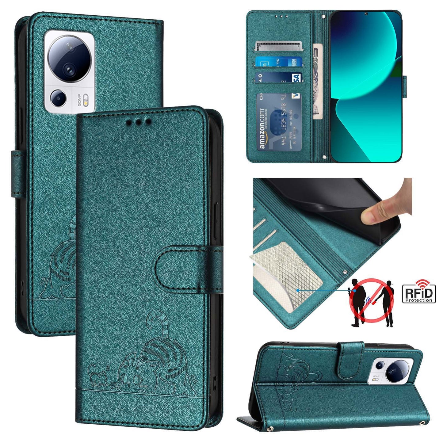 Xiaomi CIVI 2 Leather Phone Case with Cat and Rat Embossed Pattern, RFID Protection, Card Holder Slots, Anti-fall Feature & Lanyard