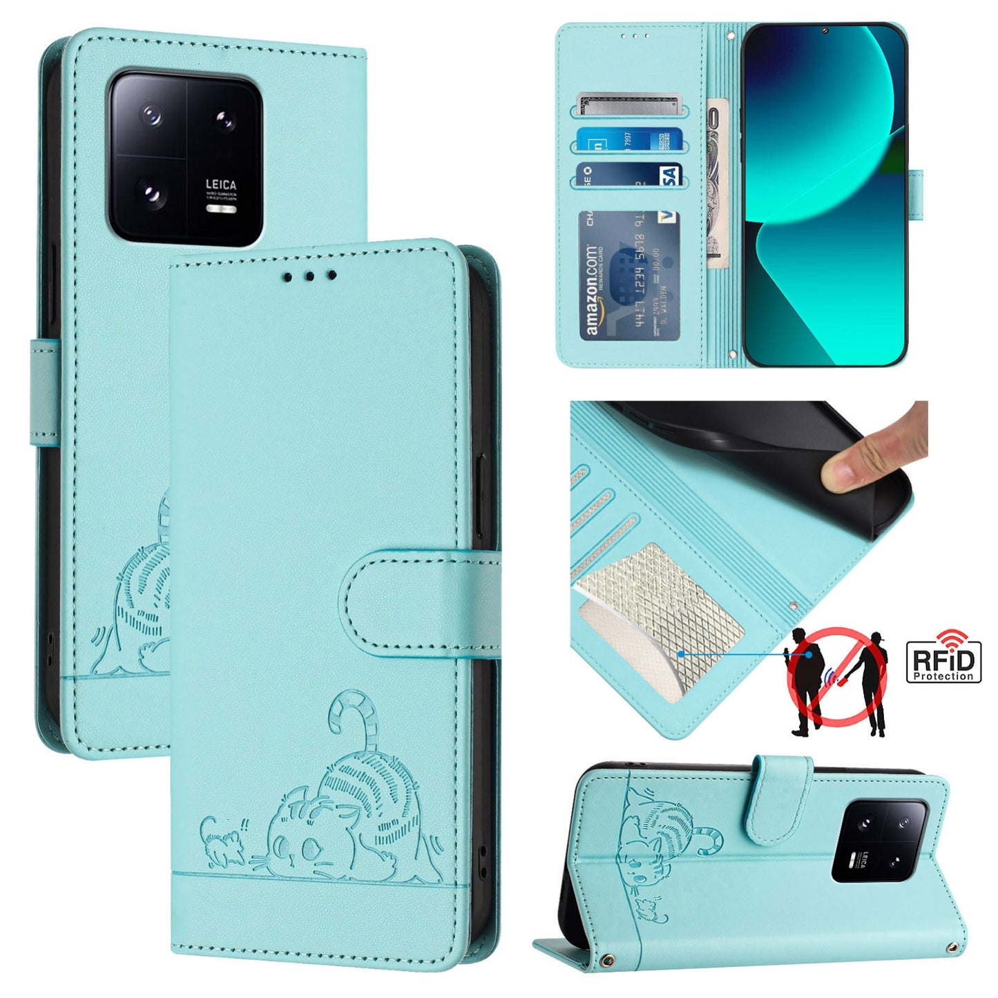 Xiaomi 13 Pro 5G Leather Phone Case with Cat and Rat Embossed Pattern, RFID Protection, Card Holder Slots, Anti-fall Feature & Lanyard
