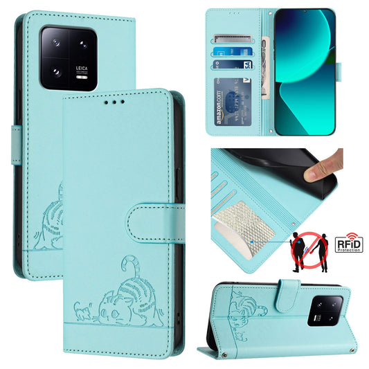 Xiaomi 13 Pro 5G Leather Phone Case with Cat and Rat Embossed Pattern, RFID Protection, Card Holder Slots, Anti-fall Feature & Lanyard