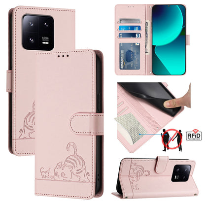 Xiaomi 13 Pro 5G Leather Phone Case with Cat and Rat Embossed Pattern, RFID Protection, Card Holder Slots, Anti-fall Feature & Lanyard