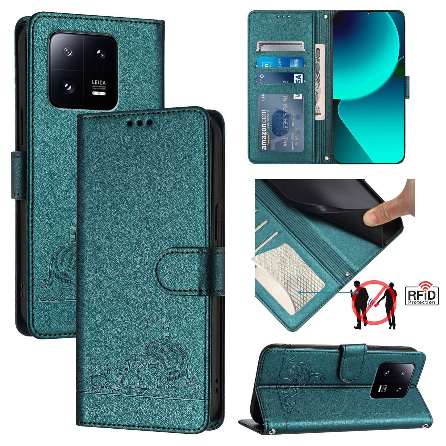 Xiaomi 13 Pro 5G Leather Phone Case with Cat and Rat Embossed Pattern, RFID Protection, Card Holder Slots, Anti-fall Feature & Lanyard