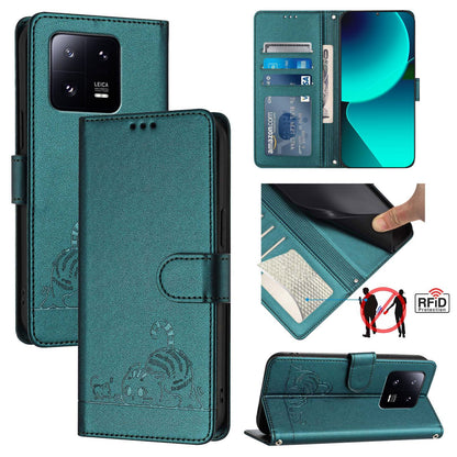 Xiaomi 13 Pro 5G Leather Phone Case with Cat and Rat Embossed Pattern, RFID Protection, Card Holder Slots, Anti-fall Feature & Lanyard