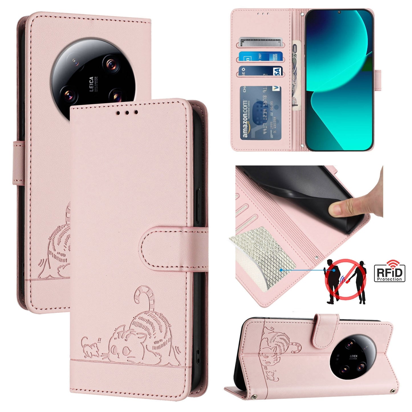Xiaomi 13 Ultra Leather Phone Case with Cat and Rat Embossed Pattern, RFID Protection, Card Holder Slots, Anti-fall Feature & Lanyard