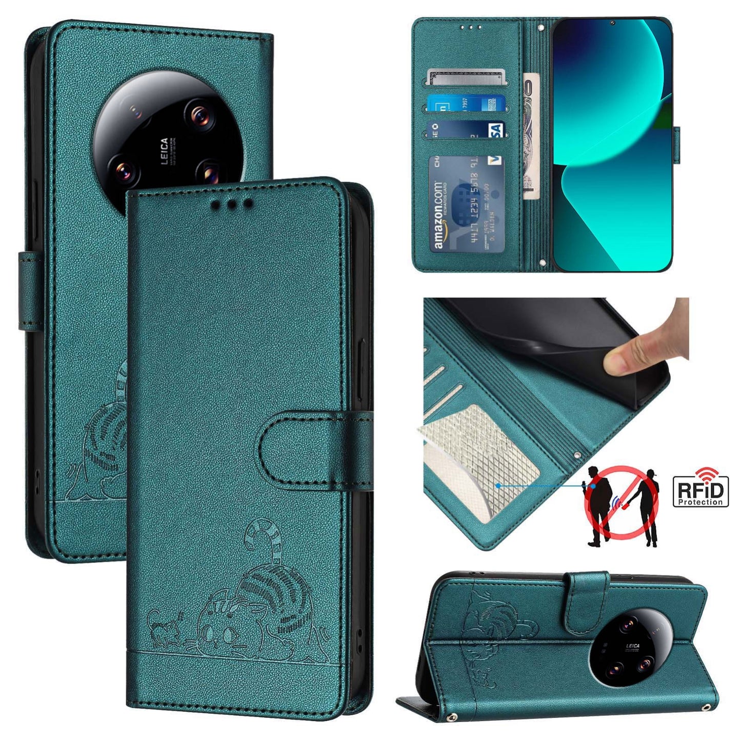 Xiaomi 13 Ultra Leather Phone Case with Cat and Rat Embossed Pattern, RFID Protection, Card Holder Slots, Anti-fall Feature & Lanyard