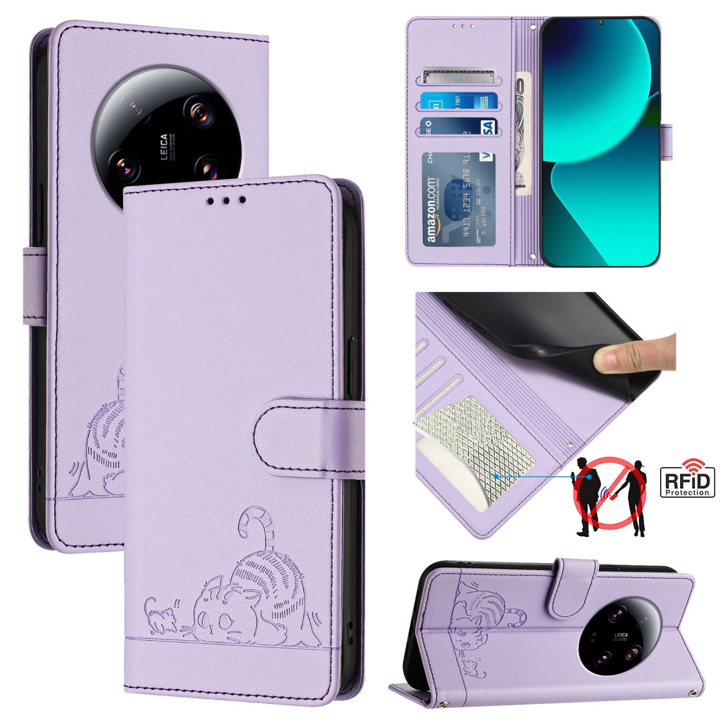 Xiaomi 13 Ultra Leather Phone Case with Cat and Rat Embossed Pattern, RFID Protection, Card Holder Slots, Anti-fall Feature & Lanyard