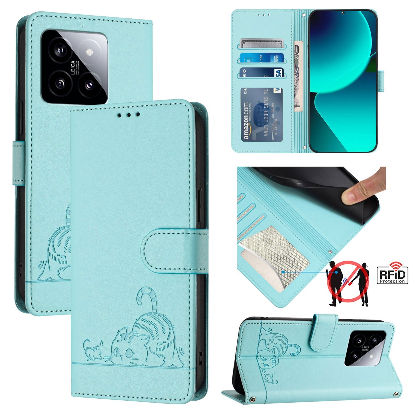 Xiaomi 14 5G Leather Phone Case with Cat and Rat Embossed Pattern, RFID Protection, Card Holder Slots, Anti-fall Feature & Lanyard