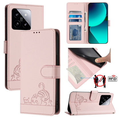 Xiaomi 14 5G Leather Phone Case with Cat and Rat Embossed Pattern, RFID Protection, Card Holder Slots, Anti-fall Feature & Lanyard