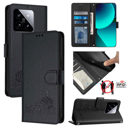 Xiaomi 14 5G Leather Phone Case with Cat and Rat Embossed Pattern, RFID Protection, Card Holder Slots, Anti-fall Feature & Lanyard