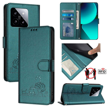 Xiaomi 14 5G Leather Phone Case with Cat and Rat Embossed Pattern, RFID Protection, Card Holder Slots, Anti-fall Feature & Lanyard