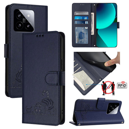 Xiaomi 14 5G Leather Phone Case with Cat and Rat Embossed Pattern, RFID Protection, Card Holder Slots, Anti-fall Feature & Lanyard