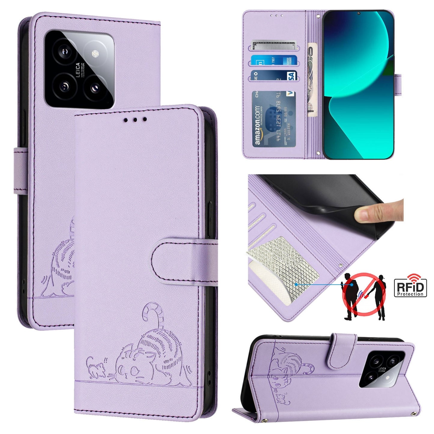 Xiaomi 14 5G Leather Phone Case with Cat and Rat Embossed Pattern, RFID Protection, Card Holder Slots, Anti-fall Feature & Lanyard