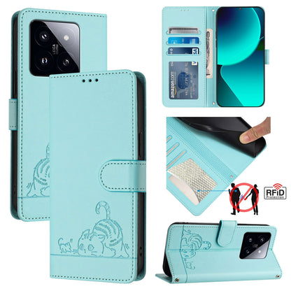 Xiaomi 14 Pro 5G Leather Phone Case with Cat and Rat Embossed Pattern, RFID Protection, Card Holder Slots, Anti-fall Feature & Lanyard