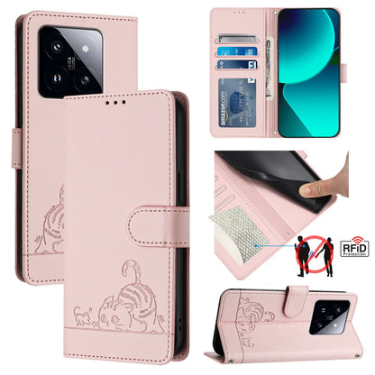 Xiaomi 14 Pro 5G Leather Phone Case with Cat and Rat Embossed Pattern, RFID Protection, Card Holder Slots, Anti-fall Feature & Lanyard
