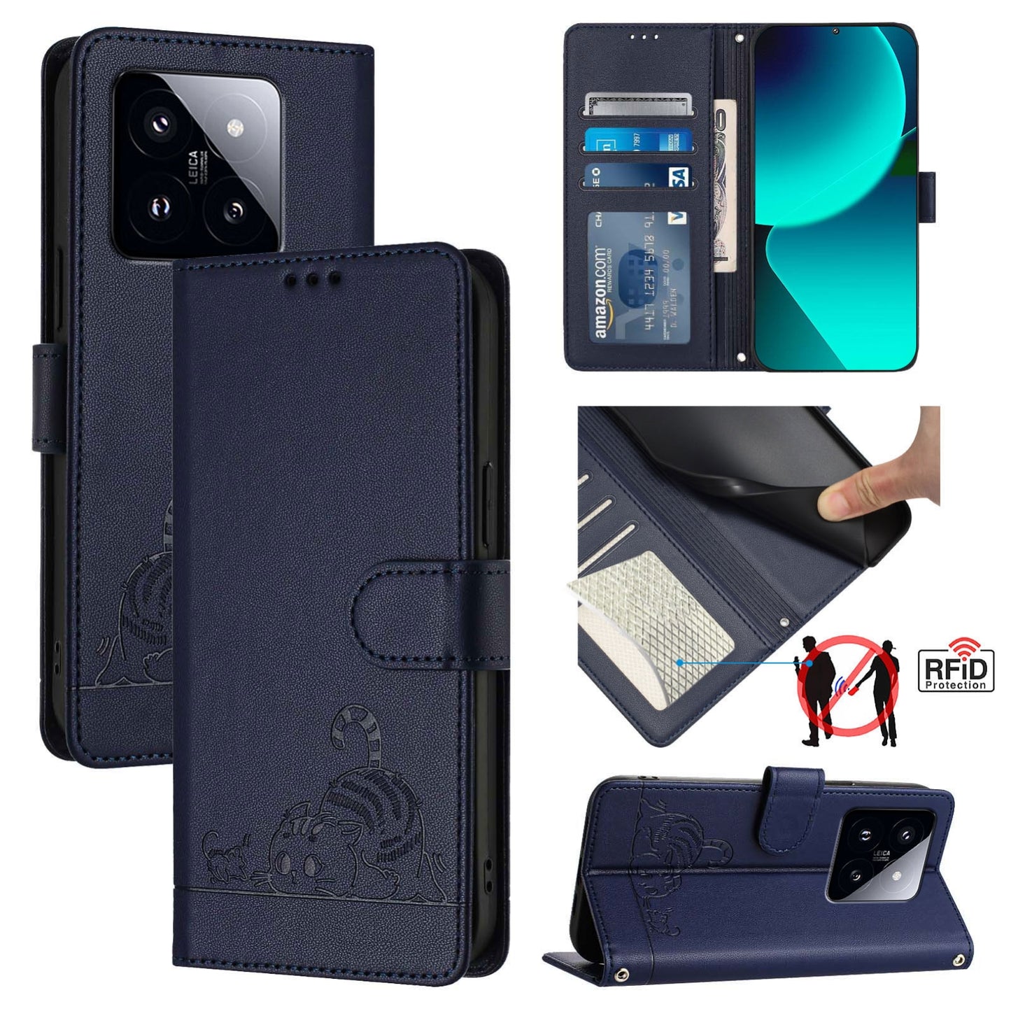 Xiaomi 14 Pro 5G Leather Phone Case with Cat and Rat Embossed Pattern, RFID Protection, Card Holder Slots, Anti-fall Feature & Lanyard