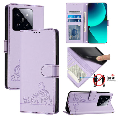 Xiaomi 14 Pro 5G Leather Phone Case with Cat and Rat Embossed Pattern, RFID Protection, Card Holder Slots, Anti-fall Feature & Lanyard