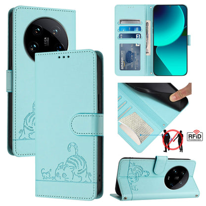 Xiaomi 14 Ultra 5G Global Leather Phone Case with Cat and Rat Embossed Pattern, RFID Protection, Card Holder Slots, Anti-fall Feature & Lanyard
