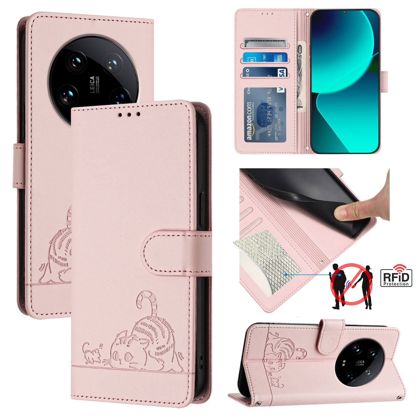 Xiaomi 14 Ultra 5G Global Leather Phone Case with Cat and Rat Embossed Pattern, RFID Protection, Card Holder Slots, Anti-fall Feature & Lanyard