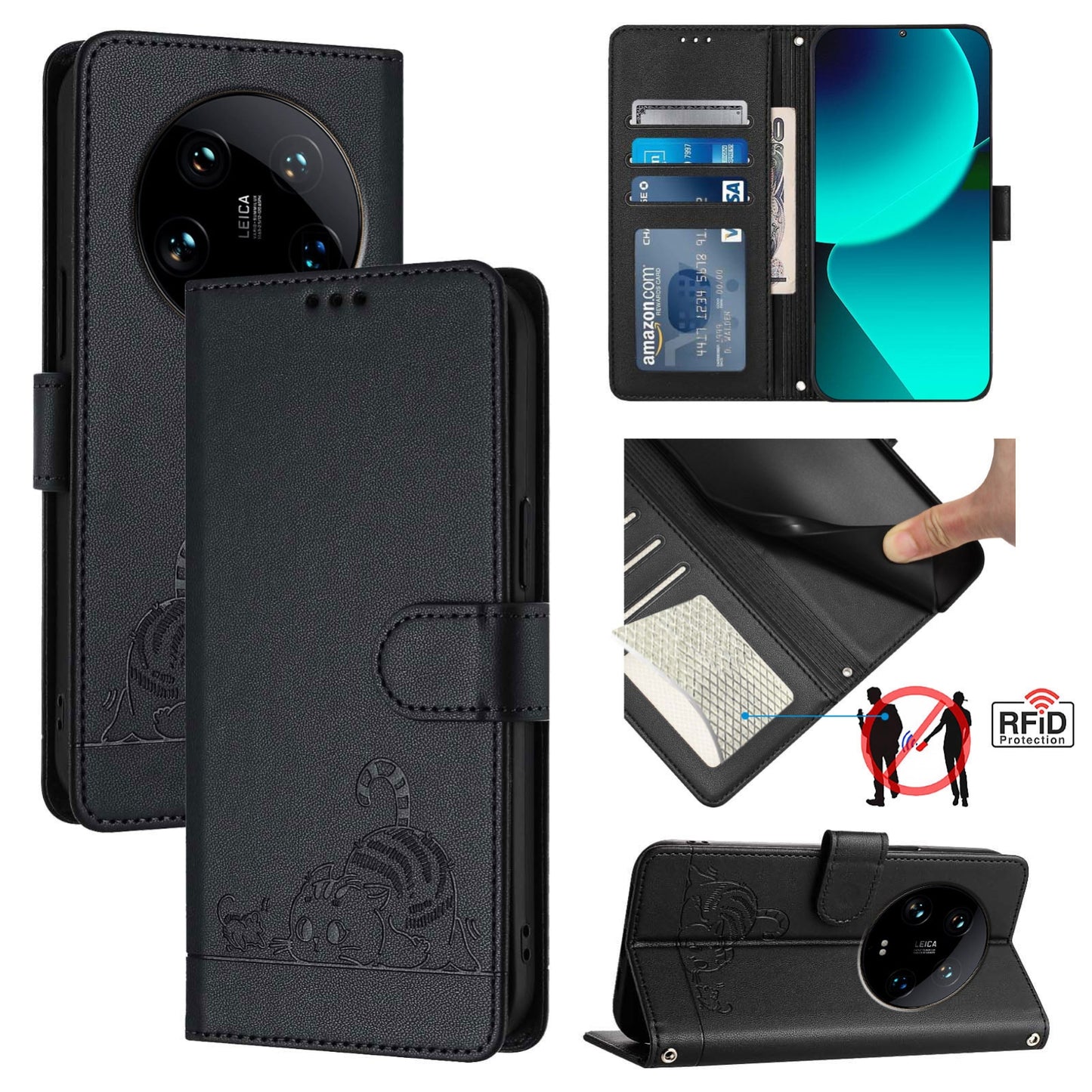 Xiaomi 14 Ultra 5G Global Leather Phone Case with Cat and Rat Embossed Pattern, RFID Protection, Card Holder Slots, Anti-fall Feature & Lanyard