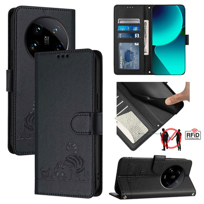 Xiaomi 14 Ultra 5G Global Leather Phone Case with Cat and Rat Embossed Pattern, RFID Protection, Card Holder Slots, Anti-fall Feature & Lanyard