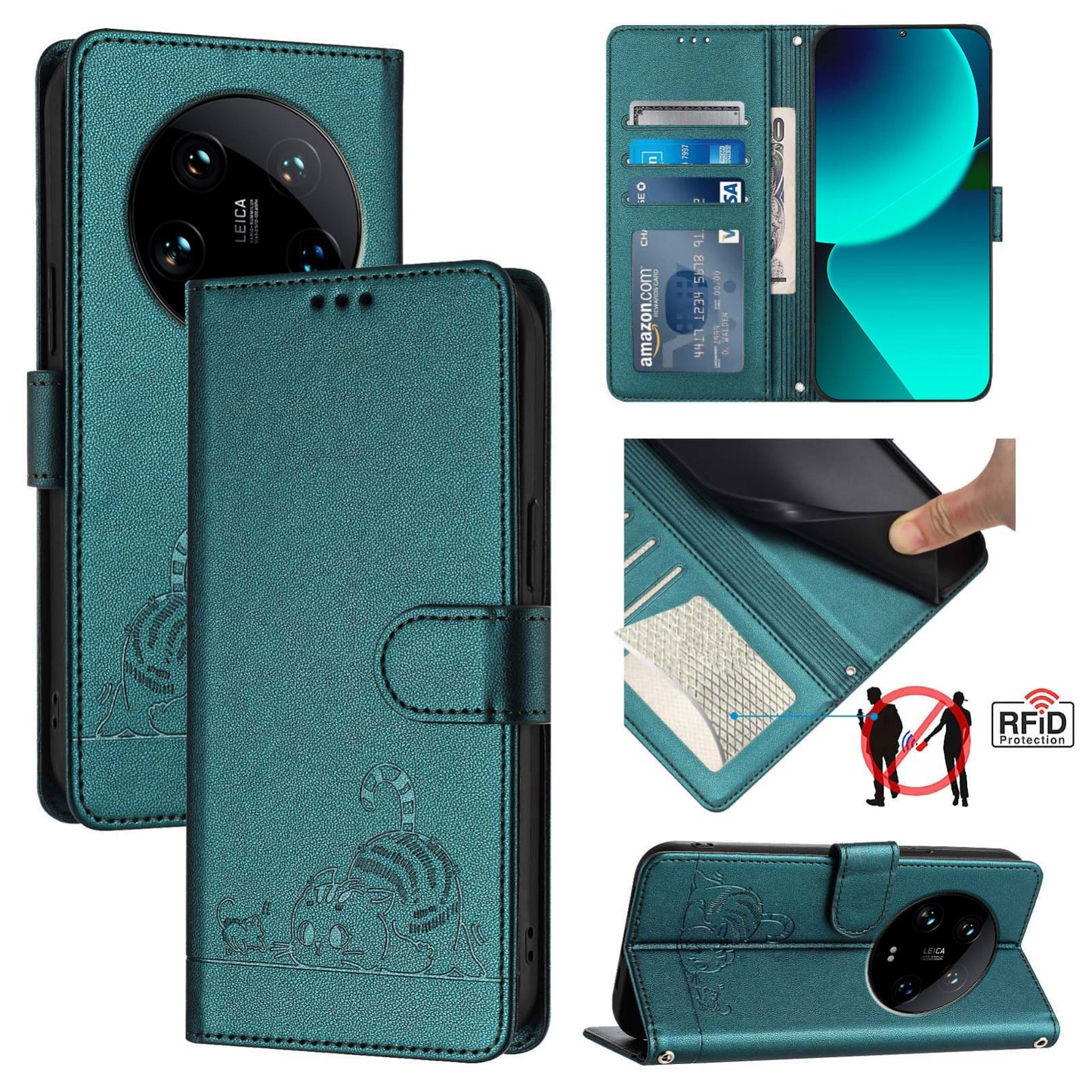Xiaomi 14 Ultra 5G Global Leather Phone Case with Cat and Rat Embossed Pattern, RFID Protection, Card Holder Slots, Anti-fall Feature & Lanyard