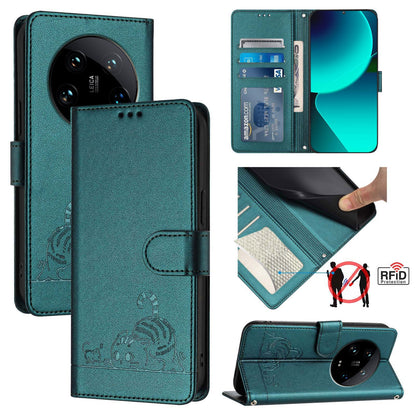 Xiaomi 14 Ultra 5G Global Leather Phone Case with Cat and Rat Embossed Pattern, RFID Protection, Card Holder Slots, Anti-fall Feature & Lanyard