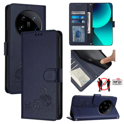 Xiaomi 14 Ultra 5G Global Leather Phone Case with Cat and Rat Embossed Pattern, RFID Protection, Card Holder Slots, Anti-fall Feature & Lanyard