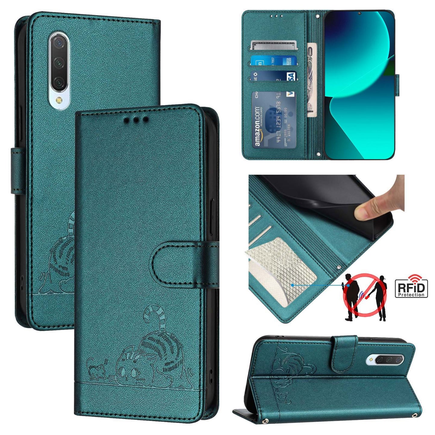 Xiaomi Mi CC9 Leather Phone Case with Cat and Rat Embossed Pattern, RFID Protection, Card Holder Slots, Anti-fall Feature & Lanyard