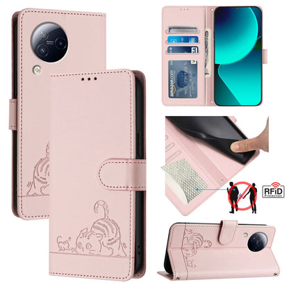 Xiaomi CIVI 3 5G Leather Phone Case with Cat and Rat Embossed Pattern, RFID Protection, Card Holder Slots, Anti-fall Feature & Lanyard