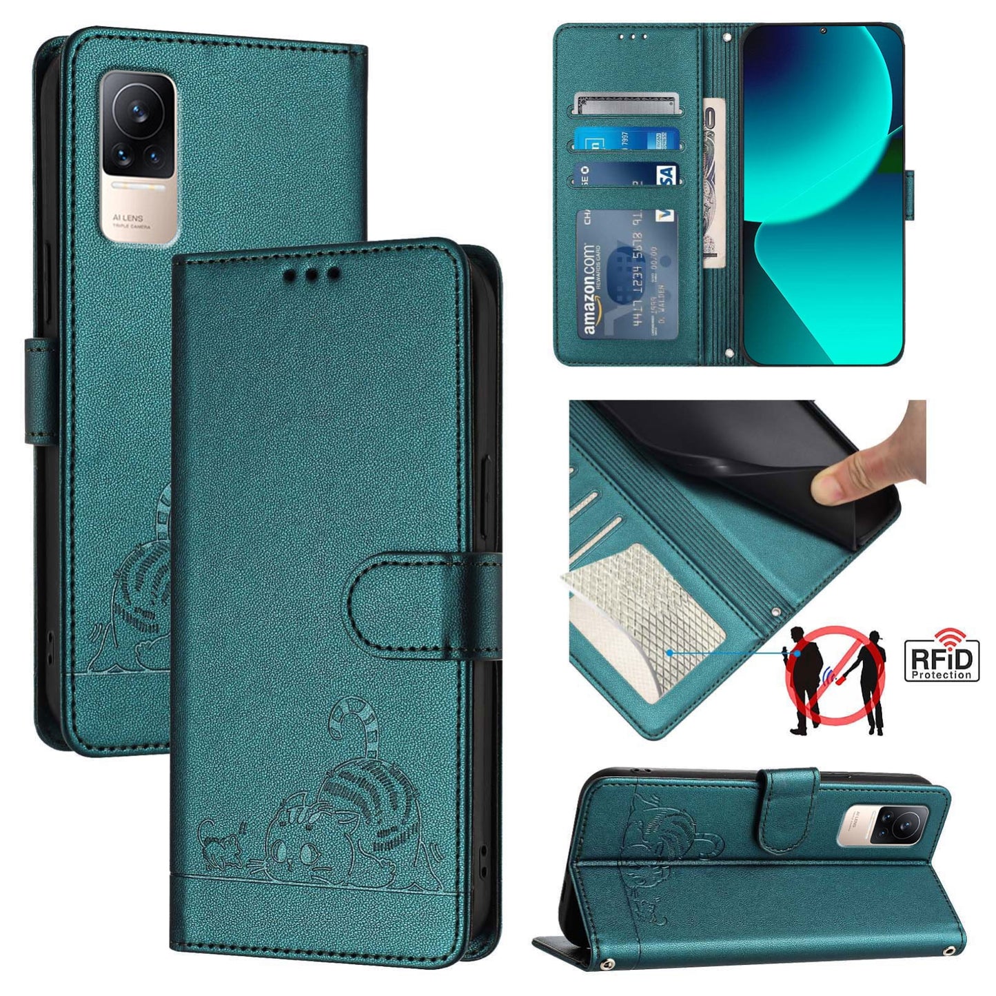 Xiaomi CIVI Leather Phone Case with Cat and Rat Embossed Pattern, RFID Protection, Card Holder Slots, Anti-fall Feature & Lanyard