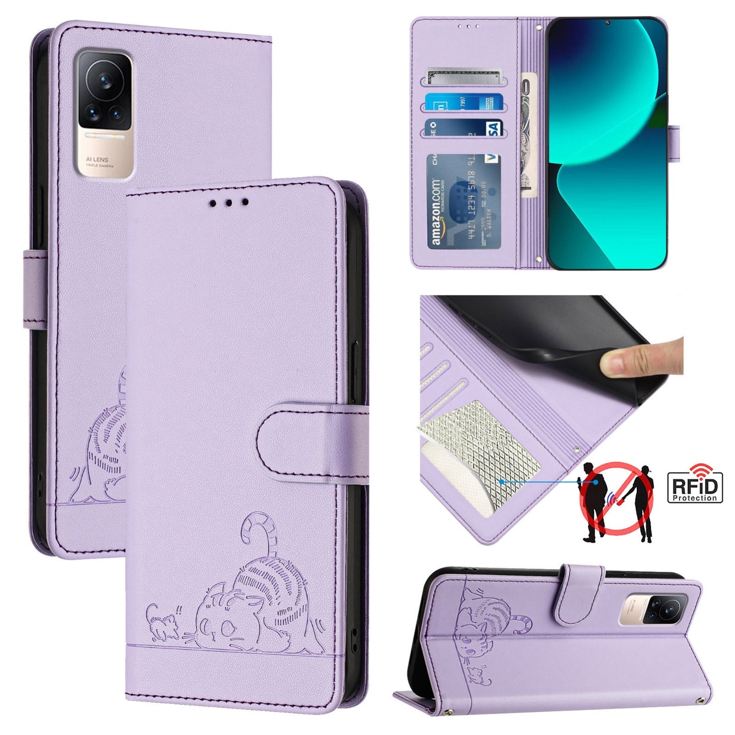 Xiaomi CIVI Leather Phone Case with Cat and Rat Embossed Pattern, RFID Protection, Card Holder Slots, Anti-fall Feature & Lanyard
