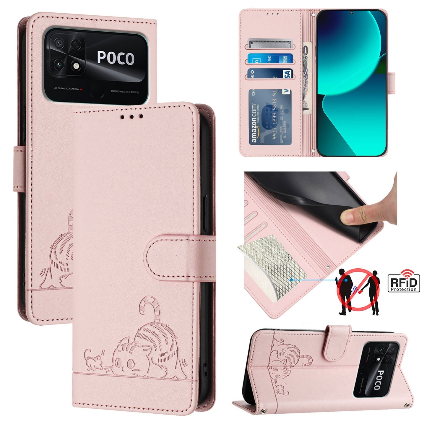Xiaomi POCO C40 Leather Phone Case with Cat and Rat Embossed Pattern, RFID Protection, Card Holder Slots, Anti-fall Feature & Lanyard