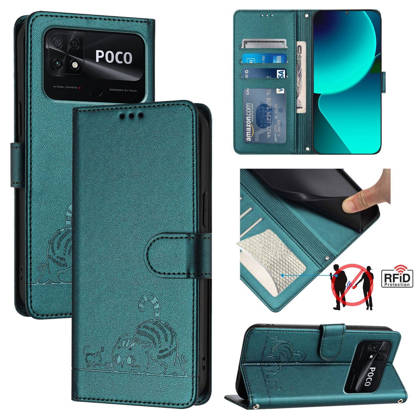 Xiaomi Redmi 10C Leather Phone Case with Cat and Rat Embossed Pattern, RFID Protection, Card Holder Slots, Anti-fall Feature & Lanyard