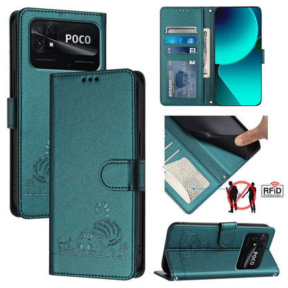 Xiaomi Redmi 10C Leather Phone Case with Cat and Rat Embossed Pattern, RFID Protection, Card Holder Slots, Anti-fall Feature & Lanyard