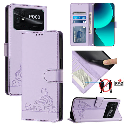 Xiaomi POCO C40 Leather Phone Case with Cat and Rat Embossed Pattern, RFID Protection, Card Holder Slots, Anti-fall Feature & Lanyard