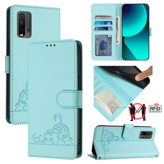 Xiaomi POCO M3 Leather Phone Case with Cat and Rat Embossed Pattern, RFID Protection, Card Holder Slots, Anti-fall Feature & Lanyard