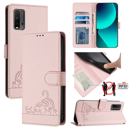 Xiaomi POCO M3 Leather Phone Case with Cat and Rat Embossed Pattern, RFID Protection, Card Holder Slots, Anti-fall Feature & Lanyard