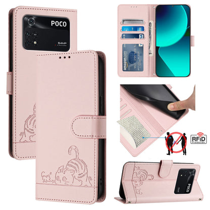 Xiaomi POCO M4 Pro 4G Leather Phone Case with Cat and Rat Embossed Pattern, RFID Protection, Card Holder Slots, Anti-fall Feature & Lanyard