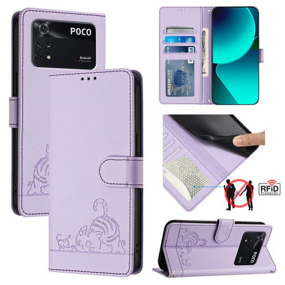 Xiaomi POCO M4 Pro 4G Leather Phone Case with Cat and Rat Embossed Pattern, RFID Protection, Card Holder Slots, Anti-fall Feature & Lanyard