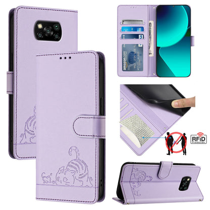 Xiaomi POCO X3 NFC Leather Phone Case with Cat and Rat Embossed Pattern, RFID Protection, Card Holder Slots, Anti-fall Feature & Lanyard