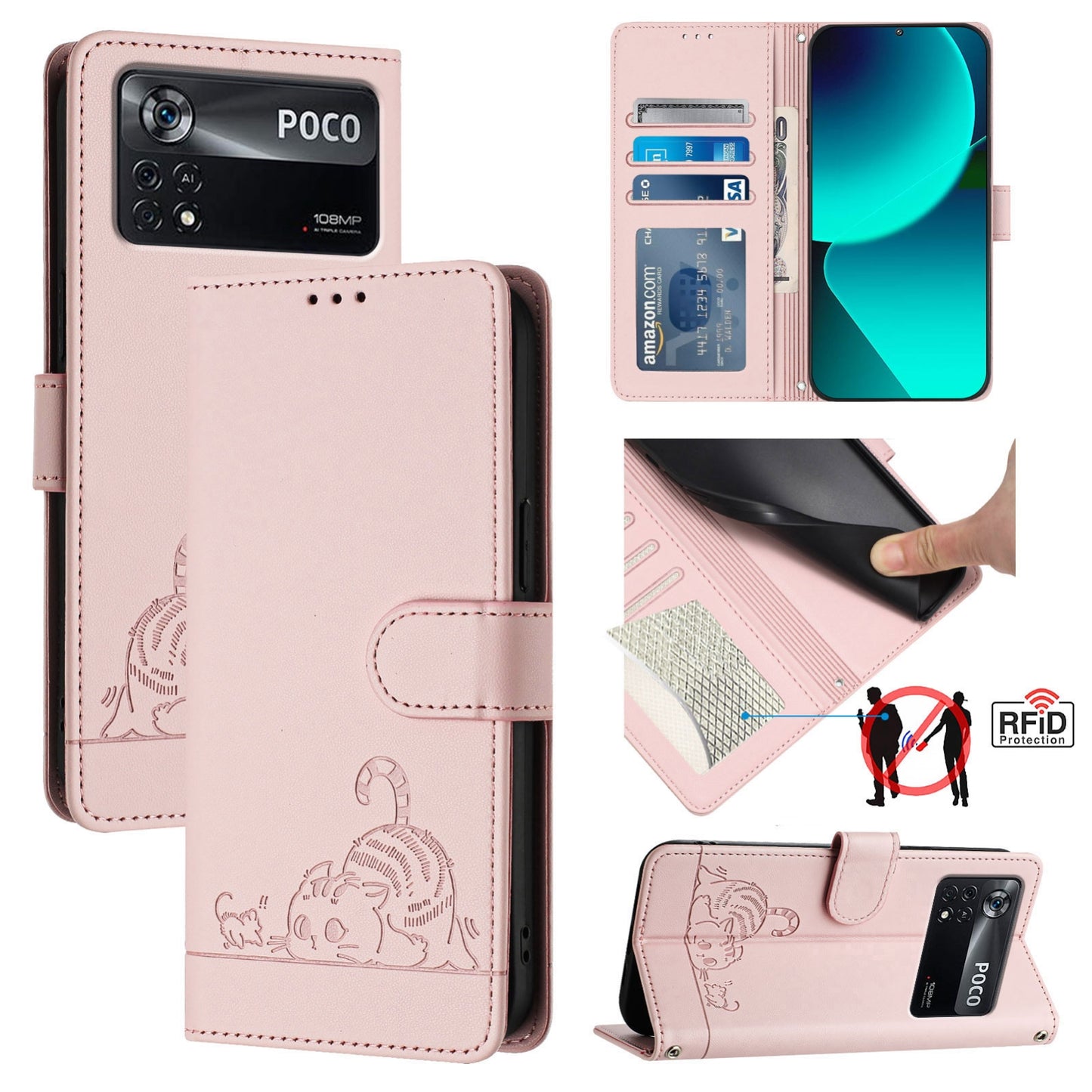 Xiaomi POCO X4 Pro 5G Leather Phone Case with Cat and Rat Embossed Pattern, RFID Protection, Card Holder Slots, Anti-fall Feature & Lanyard