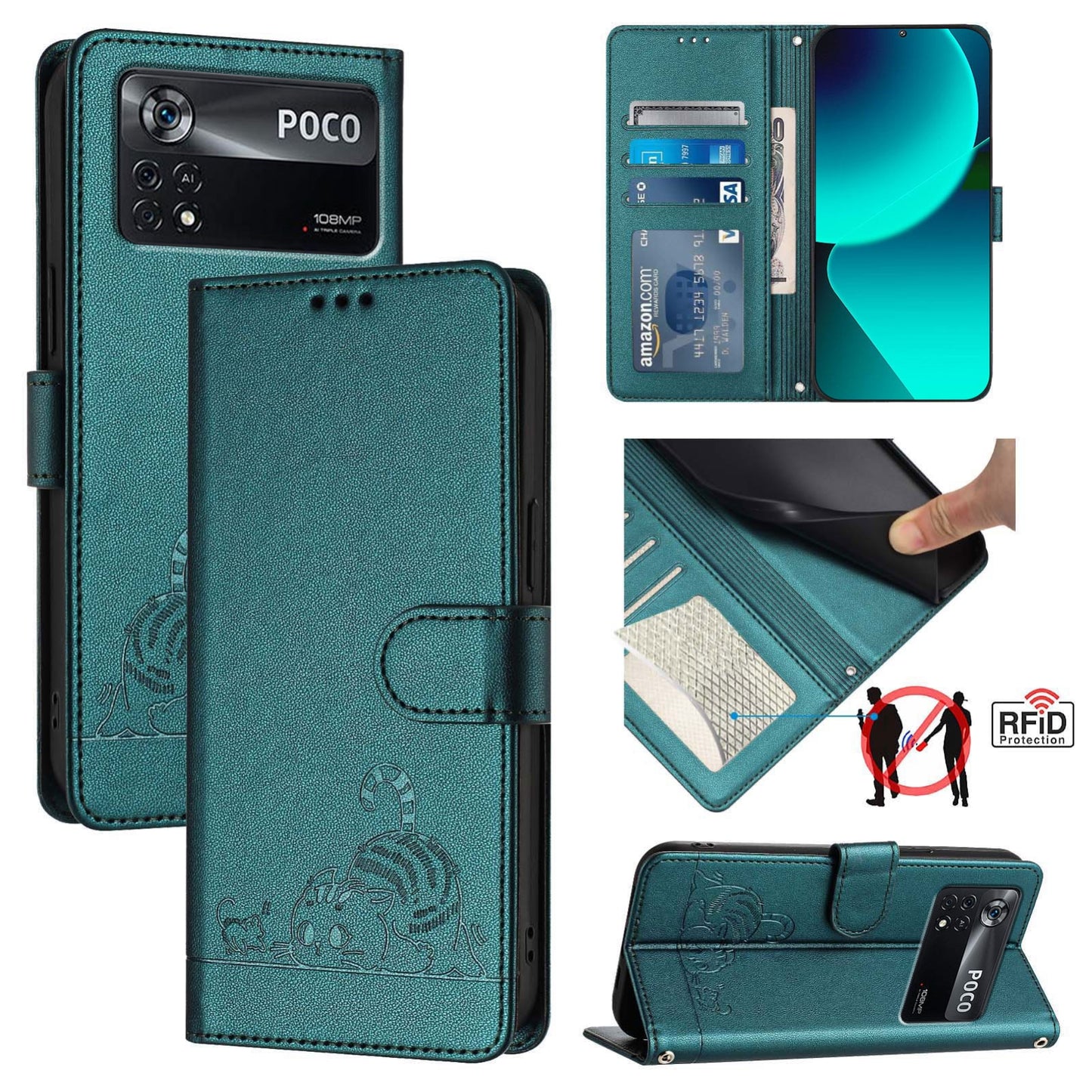 Xiaomi POCO X4 Pro 5G Leather Phone Case with Cat and Rat Embossed Pattern, RFID Protection, Card Holder Slots, Anti-fall Feature & Lanyard